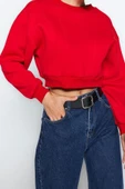 Bisiklet Yaka Düşük Kol Kalın İçi Polarlı Dikiş Detaylı Normal Kalıp Örme Sweatshirt - 1