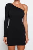 Moda Slim Casual Günlük Rejenere Kaşkorse Örme Asimetrik Yaka Uzun Kol Bodycone Mini Boy Elbise - 1