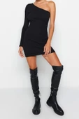 Moda Slim Casual Günlük Rejenere Kaşkorse Örme Asimetrik Yaka Uzun Kol Bodycone Mini Boy Elbise - 2