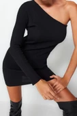 Moda Slim Casual Günlük Rejenere Kaşkorse Örme Asimetrik Yaka Uzun Kol Bodycone Mini Boy Elbise - 3