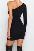 Moda Slim Casual Günlük Rejenere Kaşkorse Örme Asimetrik Yaka Uzun Kol Bodycone Mini Boy Elbise - 6
