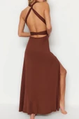 Moda Regular Plaj Günlük Süprem Örme V Yaka Askılı Kol Shift Maxi Boy Elbise - 6