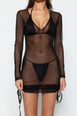 Moda Regular Plaj Günlük Mesh Dokuma Bisiklet Yaka Uzun Kol Shift Mini Boy Elbise - 5