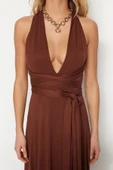 Moda Regular Plaj Günlük Süprem Örme V Yaka Askılı Kol Shift Maxi Boy Elbise - 4