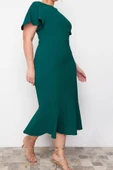 Moda Fit Gündüz Gece Finike Dokuma Bisiklet Yaka Kısa Kol Bodycone Midi Boy Büyük Beden Elbise - 5
