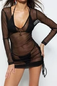 Moda Regular Plaj Günlük Mesh Dokuma Bisiklet Yaka Uzun Kol Shift Mini Boy Elbise - 3
