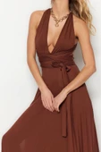 Moda Regular Plaj Günlük Süprem Örme V Yaka Askılı Kol Shift Maxi Boy Elbise - 2
