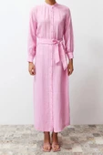 Moda Regular Casual Günlük Müslin Dokuma Bisiklet Yaka Uzun Kol Shift Maxi Boy Tesettür Elbise - 7