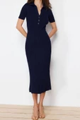 Moda Regular Casual Günlük Tek Plaka Triko Polo Yaka Kısa Kol A-Line Maxi Boy Elbise - 3
