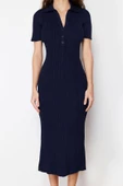Moda Regular Casual Günlük Tek Plaka Triko Polo Yaka Kısa Kol A-Line Maxi Boy Elbise - 7