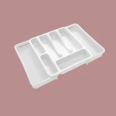 Beyaz Açılabilir Ayarlanabilir Kayar Kaşıklık Çekmece İçi Bıçak Kaşık Çatal Düzenleyici Çift Kanat thumbnail 6