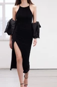 Moda Slim Casual Günlük Sandy Örme Halter Yaka Askılı Kol Bodycone Maxi Boy Elbise - 6