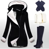 Kaşmir Kapüşonlu Günlük Şık Kaşe Kışlık Kadın Kaban - 1