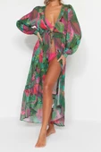 Moda Dokuma Rahat Kalıp Midi V Yaka Balon Kol Şifon Basic Tropikal Desen Kimono Kaftan - 2
