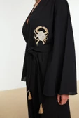 Moda Dokuma Rahat Kalıp Uzun V Yaka Standart Kol Flamlı Pamuk Basic Düz Desen Kimono Kaftan - 1