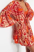 Moda Dokuma Regular Kalıp Crop V Yaka Standart Kol Shally Basic Etnik Desen Kimono Kaftan - 2