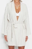 Moda Dokuma Regular Kalıp Mini Şal Yaka Standart Kol Keten karışımlı Basic Düz Desen Kimono Kaftan - 1