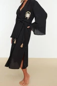 Moda Dokuma Rahat Kalıp Uzun V Yaka Standart Kol Flamlı Pamuk Basic Düz Desen Kimono Kaftan - 4