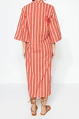 Moda Dokuma Rahat Kalıp Uzun Gömlek Yaka Standart Kol Vual Basic Çizgili Desen Kimono Kaftan - 5