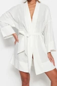 Moda Dokuma Rahat Kalıp Uzun Şal Yaka Standart Kol Flamlı Pamuk Basic Düz Desen Kimono Kaftan - 4