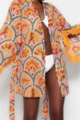 Moda Dokuma Regular Kalıp Crop V Yaka İspanyol Kol Vual Basic Çiçekli Desen Kimono Kaftan - 3