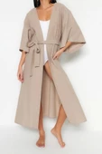 Moda Dokuma Regular Kalıp Midi V Yaka İspanyol Kol Keten görünümlü Basic Düz Desen Kimono Kaftan - 4