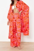 Moda Dokuma Rahat Kalıp Uzun Kruvaze Standart Kol Mesh Basic Tropikal Desen Kimono Kaftan - 3