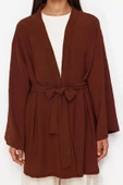 Moda Dokuma Rahat Kalıp Midi V Yaka Düşük Kol Keten görünümlü Kruvaze Tesettür Giyim Kimono Kaftan - 1