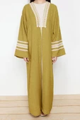 Moda Dokuma Rahat Kalıp Uzun V Yaka Düşük Kol Crinkle Basic Renk Bloklu Tesettür Giyim Kimono Kaftan - 1