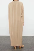 Moda Dokuma Rahat Kalıp Maxi V Yaka Düşük Kol Keten görünümlü Basic Tesettür Giyim Kimono Kaftan - 5