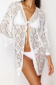 Moda Dokuma Oversize Kalıp Mini V Yaka Standart Kol Dantel Kruvaze Düz Desen Kimono Kaftan - 3