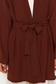Moda Dokuma Rahat Kalıp Midi V Yaka Düşük Kol Keten görünümlü Kruvaze Tesettür Giyim Kimono Kaftan - 5