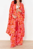Moda Dokuma Rahat Kalıp Uzun Kruvaze Standart Kol Mesh Basic Tropikal Desen Kimono Kaftan - 2
