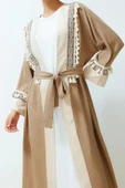Moda Dokuma Rahat Kalıp Uzun V Yaka Düşük Kol Crinkle Basic Etnik Desen Tesettür Giyim Kimono Kaftan - 2
