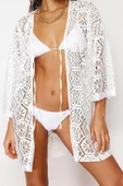 Moda Dokuma Oversize Kalıp Mini V Yaka Standart Kol Dantel Kruvaze Düz Desen Kimono Kaftan - 4