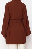 Moda Dokuma Rahat Kalıp Midi V Yaka Düşük Kol Keten görünümlü Kruvaze Tesettür Giyim Kimono Kaftan - 6