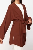 Moda Dokuma Rahat Kalıp Midi V Yaka Düşük Kol Keten görünümlü Kruvaze Tesettür Giyim Kimono Kaftan - 4