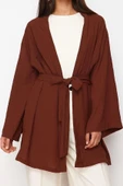 Moda Dokuma Rahat Kalıp Midi V Yaka Düşük Kol Keten görünümlü Kruvaze Tesettür Giyim Kimono Kaftan - 3