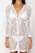 Moda Dokuma Oversize Kalıp Mini V Yaka Standart Kol Dantel Kruvaze Düz Desen Kimono Kaftan - 1