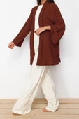 Moda Dokuma Rahat Kalıp Midi V Yaka Düşük Kol Keten görünümlü Kruvaze Tesettür Giyim Kimono Kaftan - 2
