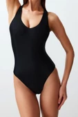 Kadın Moda Atma Kap Askılı Brief Yaka Siyah Sırt Dekolteli High Leg Regular Mayo - 3