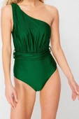 Kadın Moda Dikme Kap Askılı Brazilian Yaka Yeşil Tek Omuz Drapeli Regular Mayo - 2