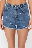 Moda Denim Normal Bel Boru Paça Plaj Koyu Mavi Denim Nakışlı Denim %100 Pamuklu Şort Bermuda - 1