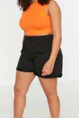 Büyük Beden Moda Örme Yüksek Bel Boru Paça Gündelik Siyah Cep Detaylı Şort Bermuda thumbnail 1