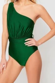 Kadın Moda Dikme Kap Askılı Brazilian Yaka Yeşil Tek Omuz Drapeli Regular Mayo - 3