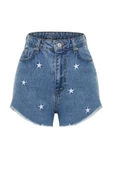 Moda Denim Normal Bel Boru Paça Plaj Koyu Mavi Denim Nakışlı Denim %100 Pamuklu Şort Bermuda - 5