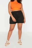 Büyük Beden Moda Örme Yüksek Bel Boru Paça Gündelik Siyah Cep Detaylı Şort Bermuda thumbnail 2