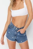Moda Denim Normal Bel Boru Paça Plaj Koyu Mavi Denim Nakışlı Denim %100 Pamuklu Şort Bermuda - 2