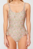 Kadın Moda Atma Kap Askılı Brief Yaka Çiçek Desenli Fırfırlı Regular Mayo - 6
