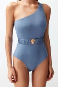 Kadın Moda Atma Kap Askılı Brief Yaka Mavi Kemerli Tek Omuz Premium Aksesuarlı Regular Mayo - 1
